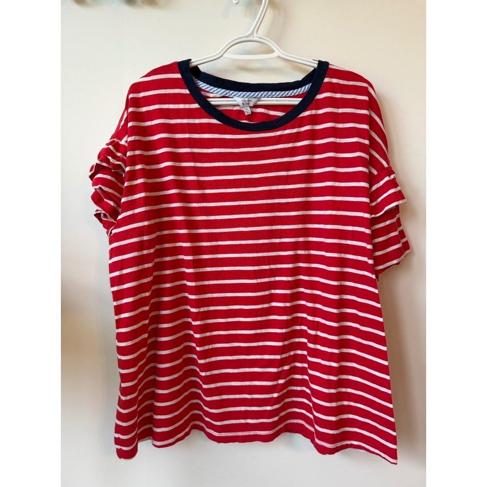 Crown & Ivy Womens XXL Red White Striped Ruffle Sleeve Knit Top Navy Trim